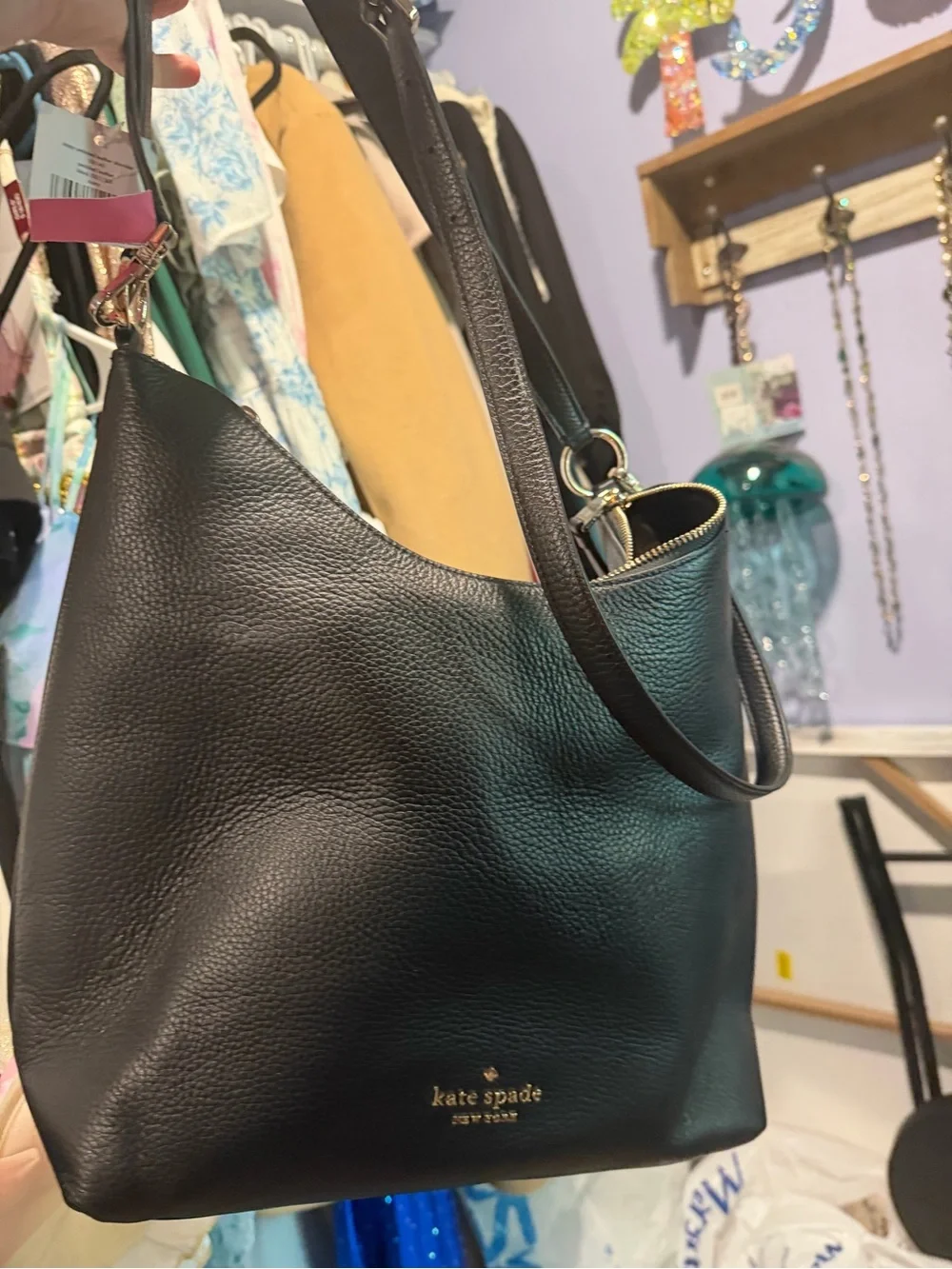 kate spade black pebbled leather shoulder hobo bag